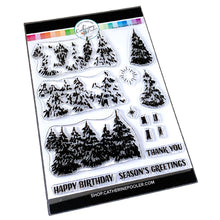 Load image into Gallery viewer, Catherine Pooler - Stamps - Evergreen Woods. Create your own Evergreen Woods with our 6x8 layering stamp set and coordinating Evergreen Woods Dies. This set contains multi-step stamps to "build" a forest of pine trees or an individual tree. The addition of the North Star stamp will bring added warmth to your winter scene or even make a nice holiday tree topper. Available at Embellish Away located in Bowmanville Ontario Canada.