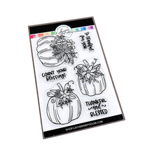 Load image into Gallery viewer, Catherine Pooler - Stamps - Front Porch Pumpkin. If an elegant, farmhouse look is your go-to for Halloween and Fall, then the Front Porch Pumpkins Stamps and Dies are going to be a fav! These beautiful line art pumpkins are adorned with a variety of flowers and greenery and are ready for Pinterest perfect cards! Available at Embellish Away located in Bowmanville Ontario Canada