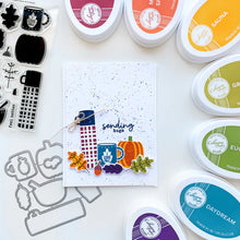 Cargar imagen en el visor de la galería, Catherine Pooler - Stamps and Dies Set - Pumpkin Season. Autumnal icons like hot beverage mugs and thermos, falling leaves, twigs, bowls and of course a layering pumpkin stamp. Use one of the nine (9) dies in the The Pumpkin Season Dies Set. Available at Embellish Away located in Bowmanville Ontario Canada. card design by brand ambassador.