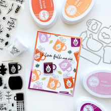 Cargar imagen en el visor de la galería, Catherine Pooler - Stamps and Dies Set - Pumpkin Season. Autumnal icons like hot beverage mugs and thermos, falling leaves, twigs, bowls and of course a layering pumpkin stamp. Use one of the nine (9) dies in the The Pumpkin Season Dies Set. Available at Embellish Away located in Bowmanville Ontario Canada. card design by brand ambassador.