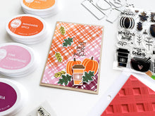 Cargar imagen en el visor de la galería, Catherine Pooler - Stamps and Dies Set - Pumpkin Season. Autumnal icons like hot beverage mugs and thermos, falling leaves, twigs, bowls and of course a layering pumpkin stamp. Use one of the nine (9) dies in the The Pumpkin Season Dies Set. Available at Embellish Away located in Bowmanville Ontario Canada. card design by brand ambassador.