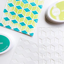 Cargar imagen en el visor de la galería, Catherine Pooler - Stencil - Block Tower. Create a whimsical pattern of stacked cubes with the unique Block Tower Stencil Set. This pair of two stencils work together to layer colors for fun design options. Stencil is a set of 2 both being 6 x 6" in size. Available at Embellish Away located in Bowmanville Ontario Canada.