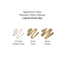 Load image into Gallery viewer, Spectrum Noir - Metallic Paint Marker - 3/Pkg - Liquid Gold. A new line of intense, high-shine opaque metallic markers in gold silver and copper. Use on paper, card, canvas, wood, metal, plastic, glass, ceramic and most surfaces. Each set includes: 3 Markers, 1 colour. With a .7MM Superfine Tip, 3MM Fine Tip AND 4 MM Chisel Tip for a huge range of applications. Available at Embellish Away located in Bowmanville Ontario Canada.
