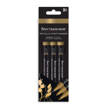 Load image into Gallery viewer, Spectrum Noir - Metallic Paint Marker - 3/Pkg - Liquid Gold. A new line of intense, high-shine opaque metallic markers in gold silver and copper. Use on paper, card, canvas, wood, metal, plastic, glass, ceramic and most surfaces. Each set includes: 3 Markers, 1 colour. With a .7MM Superfine Tip, 3MM Fine Tip AND 4 MM Chisel Tip for a huge range of applications. Available at Embellish Away located in Bowmanville Ontario Canada.