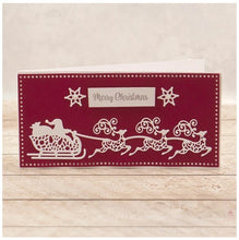 Load image into Gallery viewer, Couture Creations - Tall Card Nesting Die Set - Santa's Sleigh - (5pc). This Happy Holiday and Christmas themed nesting die set contains a variety of complementary elements designed to work with tall cards. Mix and match to create unique and gorgeous cards this holiday season and all year round. Approximately 95 x 200mm | 3.7 x 7.8in. Available at Embellish Away located in Bowmanville Ontario Canada. Card example by brand ambassador.