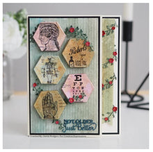 Load image into Gallery viewer, Creative Expressions - Jamie Rodgers Canvas Collection - Hexagon. Use the Creative Expressions Jamie Rodgers Canvas Collection Hexagon die set to create easy to build canvas and frame effects on your projects. They are easy to construct and incredibly versatile, simply fold on the score lines and glue to create focal points for your projects. Includes 4 dies. Size: 3.1" x 3.1". Available at embellishaway.ca in Bowmanville Ontario Canada. Card Example