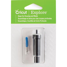 Load image into Gallery viewer, CRICUT-Explore Deep Cut Housing & Blade. The housing and blade combine for precise cutting of thick materials such as poster board, heavy cardstock and specialty papers! Depress plunger to remove blade. For use with the Cricut Explore machines only (sold separately). This package contains one 2-1/4 inch deep cut housing and one 1-1/8 inch blade. Imported. Available at Embellish Away located in Bowmanville Ontario Canada.