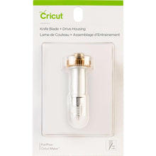 Load image into Gallery viewer, Cricut - Maker Knife Housing & Blade. This durable blade was specially designed to cut thicker, dense materials like balsa wood, chipboard, leather, and craft form for sturdier projects. Create detailed cuts with ease and precision! This 3x5.25 inch package contains one knife blade and drive housing. Available at Embellish Away located in Bowmanville Ontario Canada.
