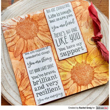 Load image into Gallery viewer, Darkroom Door - Rubber Stamp Set - Sunflowers. Darkroom Door Rubber Stamp Sets are mounted on cling foam and supplied in a DVD size storage case with a labelled spine for easy identification. Available at Embellish Away located in Bowmanville Ontario Canada. Example by Rachel Greig.