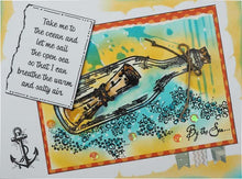 Load image into Gallery viewer, Woodware - Clear Singles - Message in a Bottle. This clear stamp set designed by Francoise Read produces a variety of nautical themed images, including a message in a bottle, a lighthouse, rope, bubbles and the sentiments "By the Sea" and "Dream". Available at Embellish Away located in Bowmanville Ontario Canada. Example by brand ambassador.
