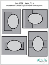 Load image into Gallery viewer, Gina K. Designs - Die - Masters Layouts 1. Master Layouts 1 is the first in a series of card layout templates. These dies will help you cut perfect layers for front panels for A2 cards. They will cut the front panel and the 1/8" layering panel for that perfect thin layered edge. The ovals can be used separately or together to created a decorative edged stack. The long thin rectangle can be an accent piece or a divider for an upright A2 card. Available at Embellish Away located in Bowmanville Ontario Canada.