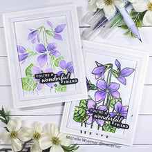 Cargar imagen en el visor de la galería, Gina K. Designs - Stamp & Die Set - Blue Violets. Blue Violet is a stamp set by Arjita Singh. This set is made of premium clear photopolymer and measures 6" X 8". The die set gives you the ability to cut out and layer, creating texture to your creation. Available at Embellish Away located in Bowmanville Ontario Canada. Example by brand ambassador.