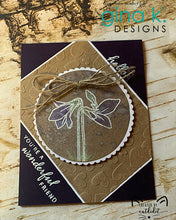Cargar imagen en el visor de la galería, Gina K. Designs - Stamp & Die Set - Blue Violets. Blue Violet is a stamp set by Arjita Singh. This set is made of premium clear photopolymer and measures 6" X 8". The die set gives you the ability to cut out and layer, creating texture to your creation. Available at Embellish Away located in Bowmanville Ontario Canada. Example by brand ambassador.