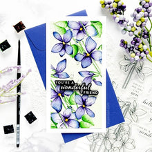Cargar imagen en el visor de la galería, Gina K. Designs - Stamp & Die Set - Blue Violets. Blue Violet is a stamp set by Arjita Singh. This set is made of premium clear photopolymer and measures 6" X 8". The die set gives you the ability to cut out and layer, creating texture to your creation. Available at Embellish Away located in Bowmanville Ontario Canada. Example by brand ambassador.