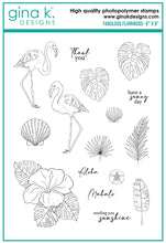 Cargar imagen en el visor de la galería, Gina K. Designs - Stamp & Die Set - Fabulous Flamingos. This set by Hannah Drapinski. This set is made of premium clear photopolymer and measures 6" X 8". Made in the USA. Available at Embellish Away located in Bowmanville Ontario Canada.