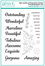 Charger l'image dans la galerie, Gina K. Designs - Stamp & Die Set - Positive Greetings. Positive Greetings is a stamp set by Debrah Warner. Use the die cuts to easily cut out your script to create layers and dimensions. Made in the USA. Made in the USA. Available at Embellish Away located in Bowmanville Ontario Canada.