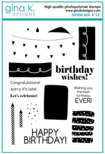 將圖片載入圖庫檢視器 Gina K. Designs - Stamps - Birthday Bash. Birthday Bash is a stamp set by Gina K Designs. This set is made of premium clear photopolymer and measures 6" X 8". Made in the USA Coordinating die set Birthday Bash sold separately. FEATURES Birthday, Cake, Candle, Banner, Layering Available at Embellish Away located in Bowmanville Ontario Canada.