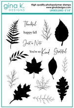 Cargar imagen en el visor de la galería, Gina K. Designs - Stamps - Layered Leaves. Layered Leaves is a stamp set by Hannah Drapinski. This set is made of premium clear photopolymer and measures 6" X 8". Made in the USA. Available at Embellish Away located in Bowmanville Ontario Canada.