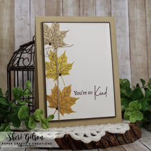 Cargar imagen en el visor de la galería, Gina K. Designs - Stamps - Layered Leaves. Layered Leaves is a stamp set by Hannah Drapinski. This set is made of premium clear photopolymer and measures 6" X 8". Made in the USA. Available at Embellish Away located in Bowmanville Ontario Canada. Card design by Shari Gilson.