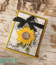 Cargar imagen en el visor de la galería, Gina K. Designs - Stamps - Sensational Sunflower. Sensational Sunflowers is a stamp set by Arjita Singh. This set is made of premium clear photopolymer and measures 6" X 8". Made in the USA. Available at Embellish Away located in Bowmanville Ontario Canada. Card design by brand ambassador