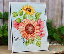 Cargar imagen en el visor de la galería, Gina K. Designs - Stamps - Sensational Sunflower. Sensational Sunflowers is a stamp set by Arjita Singh. This set is made of premium clear photopolymer and measures 6" X 8". Made in the USA. Available at Embellish Away located in Bowmanville Ontario Canada. Card design by Karen Hightower