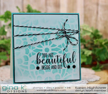 Load image into Gallery viewer, Gina K. Designs - Stencils - Lovely Lace. Gina K. Designs Art Screens can be used with ink, sprays, pastes and gels to create beautiful backgrounds and images. Layer stencils together for more options. Wash with soap and warm water. Pat dry. 5.875 X 5.875 Made in USA. Available at Embellish Away located in Bowmanville Ontario Canada. Example by Karen Hightower