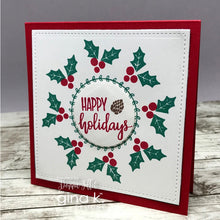 Load image into Gallery viewer, Gina K. designs - Stamps - Holiday Wreath Builder. The Holiday Wreath Builder Stamp set works with the Wreath Builder Templates. (sold separately Available at Embellish Away located in Bowmanville Ontario Canada. Card example by brand ambassador.