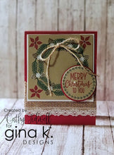 Load image into Gallery viewer, Gina K. designs - Stamps - Holiday Wreath Builder. The Holiday Wreath Builder Stamp set works with the Wreath Builder Templates. (sold separately Available at Embellish Away located in Bowmanville Ontario Canada. Card example by brand ambassador.