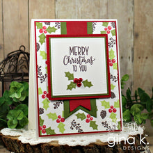 Load image into Gallery viewer, Gina K. designs - Stamps - Holiday Wreath Builder. The Holiday Wreath Builder Stamp set works with the Wreath Builder Templates. (sold separately Available at Embellish Away located in Bowmanville Ontario Canada. Card example by brand ambassador.