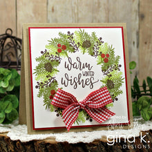 Load image into Gallery viewer, Gina K. designs - Stamps - Holiday Wreath Builder. The Holiday Wreath Builder Stamp set works with the Wreath Builder Templates. (sold separately Available at Embellish Away located in Bowmanville Ontario Canada. Card example by brand ambassador.