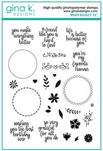 Load image into Gallery viewer, Gina K. designs - Stamps - Original Wreath Builder. The Original Wreath Builder stamp set contains images and greetings to create perfect wreath designs. Designed to go with the Wreath Builder Template sold separately. Available at Embellish Away located in Bowmanville Ontario Canada.