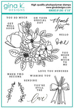 Cargar imagen en el visor de la galería, Gina K. Designs - Stamp & Die Set - Bunches Of Love. Bunches of Love is a stamp set by Arjita Singh. This stamp set is made of premium clear photopolymer and measures 6" X 8". Available at Embellish Away located in Bowmanville Ontario Canada.
