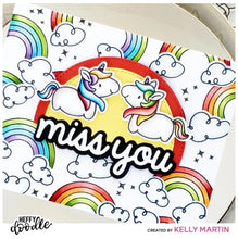 Cargar imagen en el visor de la galería, Heffy Doodle - Heffy Cuts Die - Miss You. A metal cutting die of the words 'Miss You’ in a script font style, in addition to a matching outline die to create a shadow matt layer. Use together or separately to create different looks for your projects. Measuring approximately 3.5"x1.25". Available at Embellish Away located in Bowmanville Ontario Canada. card Example by Kelly Martin