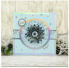 Load image into Gallery viewer, Hunkydory Crafts - Die-cuts - Let it Snow Snowflake. 10-sheet pack, 2 x A4 sheets in each of the 5 colourways. Each pack contains 10 x A4 beautifully foiled & die-cut cardstock sheets, featuring a variety of delicate snowflake designs. Each sheet includes 23 different snowflakes, that’s a whopping 230 snowflakes in every pack! Available at Embellish Away located in Bowmanville Ontario Canada. Card example by Hunkydory Crafts.