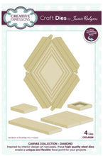 Load image into Gallery viewer, amie Rodgers Canvas Collection Diamond die set to create easy to build canvas and frame effects on your projects. They are easy to construct and incredibly versatile, simply fold on the score lines and glue to create focal points for your projects. Includes 4 dies. Size: 4.6" x 3.4". Available at embellishaway.ca in Bowmanville Ontario Canada.