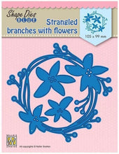 Load image into Gallery viewer, Nellie's Choice - Shape Dies Blue - Strangled Branches with Flowers. This die will cut a circular branch with flowers and berries, and includes 2 additional flower dies to allow you to cut and layer to add dimension to your project. Includes 3 dies. Size: (branch) 4.2 x 3.7 in (flower 1) 1.6 x 1.6 in (flower 2) 1.1 x 1 in. Available at Embellish Away located in Bowmanville Ontairo Canada.