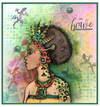 Load image into Gallery viewer, Pink Ink Designs - A5 Clear Stamp Set - African Queen. From the Women of the World series this is a beautifully hand drawn image that is an enchanting, hand drawn, woman captures the beauty of the African Continent. This beauty will lure you to the craft-room again and again. She comes with additional elements for you to add to your projects. Available at Embellish Away located in Bowmanville Ontario Canada. Card example designed by Sharon Thacker.