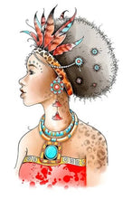 Load image into Gallery viewer, Pink Ink Designs - A5 Clear Stamp Set - African Queen. From the Women of the World series this is a beautifully hand drawn image that is an enchanting, hand drawn, woman captures the beauty of the African Continent. This beauty will lure you to the craft-room again and again. She comes with additional elements for you to add to your projects. Available at Embellish Away located in Bowmanville Ontario Canada.