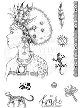 Load image into Gallery viewer, Pink Ink Designs - A5 Clear Stamp Set - African Queen. From the Women of the World series this is a beautifully hand drawn image that is an enchanting, hand drawn, woman captures the beauty of the African Continent. This beauty will lure you to the craft-room again and again. She comes with additional elements for you to add to your projects. Available at Embellish Away located in Bowmanville Ontario Canada.