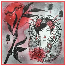 Load image into Gallery viewer, Pink Ink Designs - A5 Clear Stamp Set - Oriental Princess. From the Women of the World series this is a beautifully hand drawn image that is a fabulous princess in celebration of oriental women and culture. This stamp set will lure you to the craft-room again and again. She comes with additional elements for you to add to your projects. Available at Embellish Away located in Bowmanville Ontario Canada. Card example designed by Susan Foote.