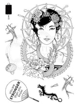 Load image into Gallery viewer, Pink Ink Designs - A5 Clear Stamp Set - Oriental Princess. From the Women of the World series this is a beautifully hand drawn image that is a fabulous princess in celebration of oriental women and culture. This stamp set will lure you to the craft-room again and again. She comes with additional elements for you to add to your projects. Available at Embellish Away located in Bowmanville Ontario Canada.