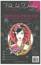 Load image into Gallery viewer, Pink Ink Designs - A5 Clear Stamp Set - Oriental Princess. From the Women of the World series this is a beautifully hand drawn image that is a fabulous princess in celebration of oriental women and culture. This stamp set will lure you to the craft-room again and again. She comes with additional elements for you to add to your projects. Available at Embellish Away located in Bowmanville Ontario Canada.