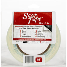 Load image into Gallery viewer, Scor-Tape - .125"X27yd. Premium double-sided adhesive that is perfect for cards, boxes, glitter, embossing, scrapbooking, foils, ribbon, origami, iris folding, micro beads, and much more! Tape is acid free and heat resistant. Available at Embellish Away located in Bowmanville Ontario Canada.