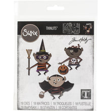 Load image into Gallery viewer, Sizzix - Thinlits Dies By Tim Holtz - 18/Pkg - Trick Or Treater. Thinlit dies offer a variety of affordable solo options or multi die options. Thinlits are easy to use and are compact and portable. These dies are compatible with Sizzix BIGkick, BigShot and Vagabond. This package contains Trick Or Treater: a set of 18 metal dies. Approximate die-cut size: between .125x.125 inches and 3.875x1.625 inches. Imported. Available at Embellish Away located in Bowmanville Ontario Canada.