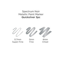 Load image into Gallery viewer, Spectrum Noir - Metallic Paint Marker - 3/Pkg - Quick Silver. A new line of intense, high-shine opaque metallic markers in gold silver and copper. Use on paper, card, canvas, wood, metal, plastic, glass, ceramic and most surfaces. Each set includes: 3 Markers, 1 colour. With a .7MM Superfine Tip, 3MM Fine Tip AND 4 MM Chisel Tip for a huge range of applications. Available at Embellish Away located in Bowmanville Ontario Canada.