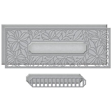 Load image into Gallery viewer, Spellbinders - Etched Dies - blossoming Slimline. This Blossoming Slimline Etched Dies is part of the Slimline Collection. The set of four thin metal dies creates a lovely floral card panel with an area in the center to add a sentiment. Also included is its outer rim die and label rim with its label insert design. Fits perfectly to a Slimline style card base. Slimline style of card making is growing in popularity. Available at Embellish Away located in Bowmanville Ontario Canada.