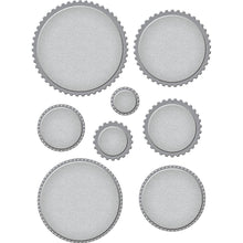 Load image into Gallery viewer, Spellbinders - Etched Dies By Becca Feeken - Postage Edge Circles. Postage Edge Circles Etched Dies are from the Postage Edge Shapes Collection by Becca Feeken and has eight thin metal cutting dies. Available at Embellish Away located in Bowmanville Ontario Canada.