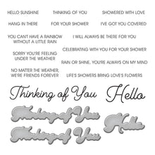 Cargar imagen en el visor de la galería, Spellbinders - Stamp & Die Set - I've Got You Covered. This set of 15 clear stamps includes 13 encouraging sentiments. Thinking of You and Hello are larger and in a narrow casual script font. The stamps work with an acrylic block and is made in the USA. Available at Embellish Away located in Bowmanville Ontario Canada.