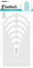 Cargar imagen en el visor de la galería, Studio Light - Cutting Die Urban Tag Essentials - 105x210x1mm 1 pc - nr.105. This set of cutting dies cuts 6 different sized nested tags and also includes hole reinforcers. These handy tags are a great addition to cards and scrapbook layouts. Size: 4.1" x 8.3 inches. Available at Embellish Away located in Bowmanville Ontario Canada.