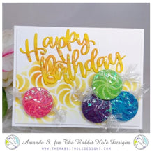 Charger l'image dans la galerie, The Rabbit Hole Designs - 6x6 Stencil - Candy Twist. The Rabbit Hole Designs is proud to bring you our Made in the U.S.A 6x6 Stencils that will soon become an essential in your paper crafting and mixed media projects. You can paint, spray, mist, spritz, airbrush, sponge, doodle, mask, and so more! Available at Embellish Away located in Bowmanville Ontario Canada. Card design by Amanda S.